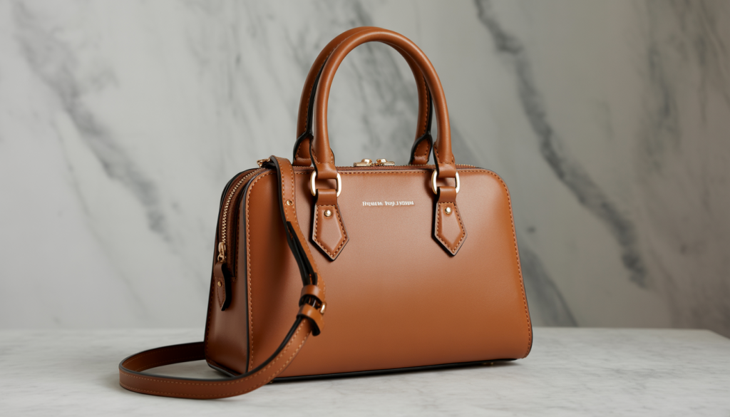 Sac en cuir sur surface en marbre blanc avec éclairage professionnel