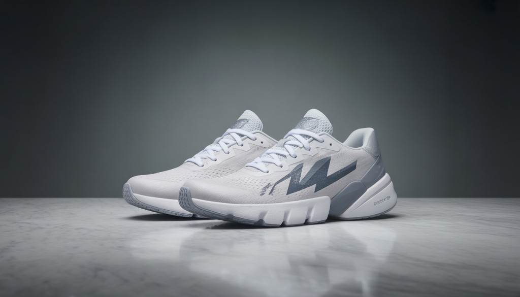 Des chaussures de sport présentées sur une surface en marbre blanc