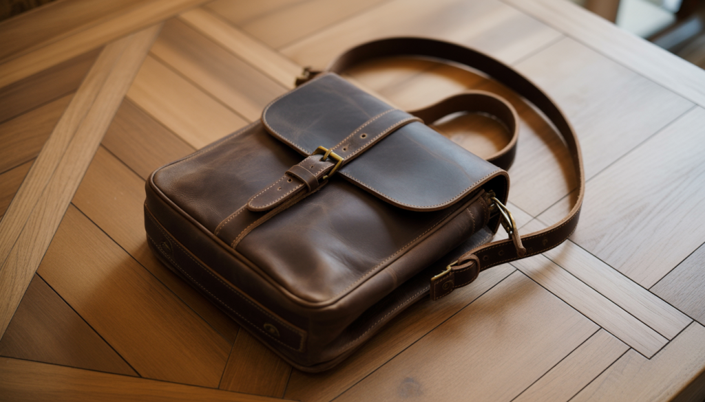 Sac messenger en cuir posé sur un parquet en bois clair