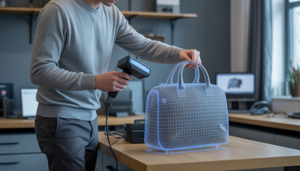 Personne utilisant un scanner 3D portable pour numériser un sac à main