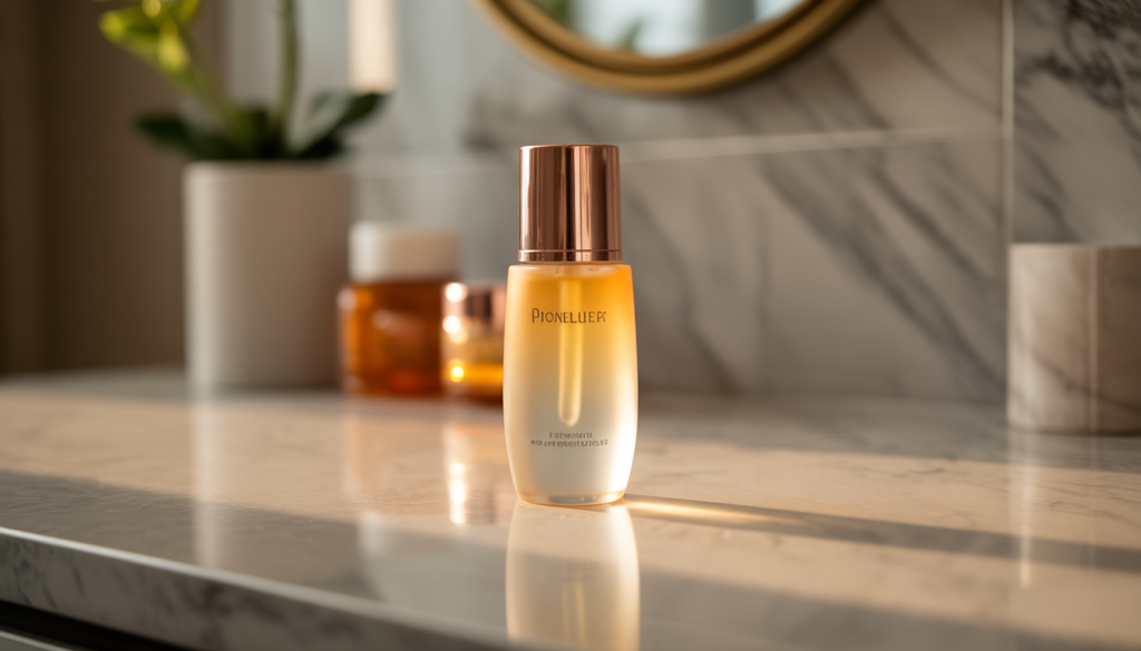 Packshot of a luxury skincare product on a marble surface