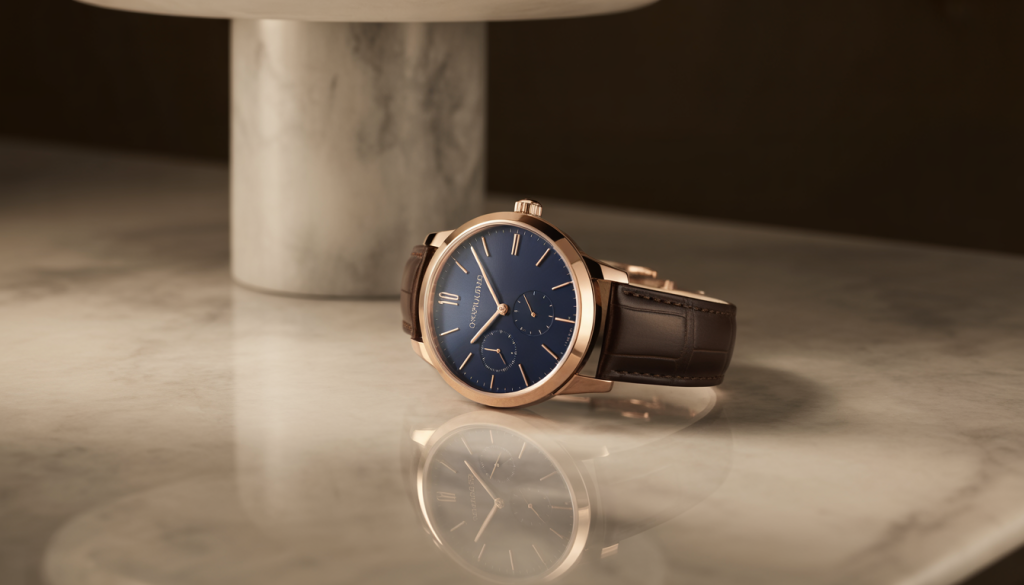 3D display of a sophisticated watch on marble with soft lighting