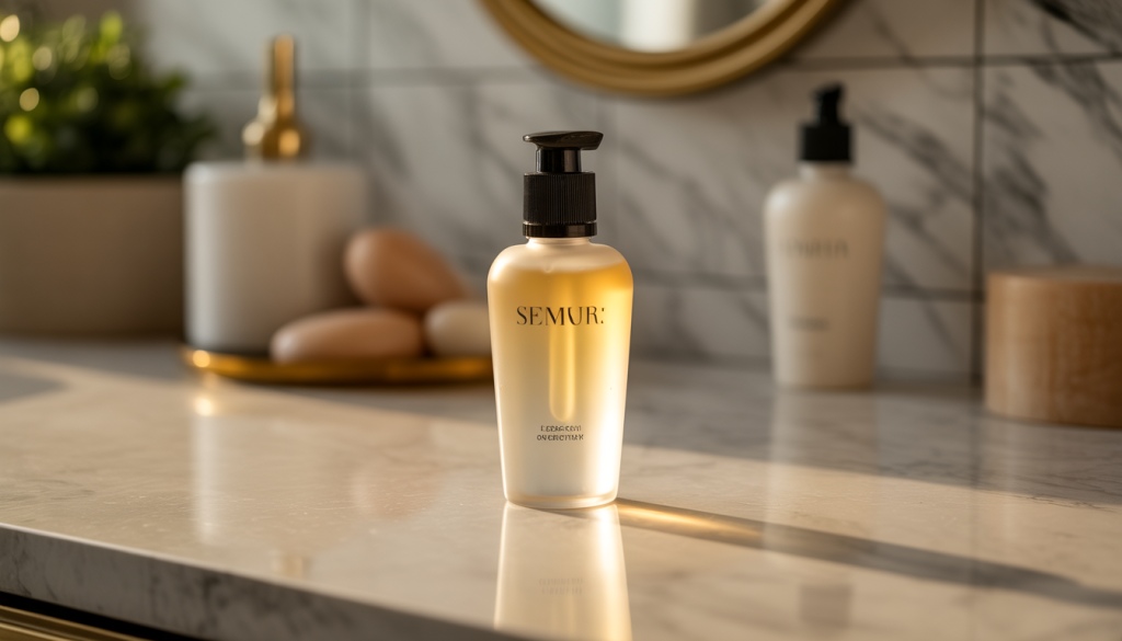 Luxury skincare bottle on a marble countertop with reflections