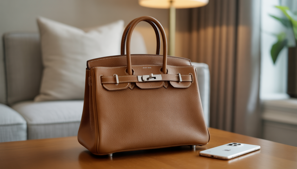 Hermès Birkin handbag in smooth leather with smartphone