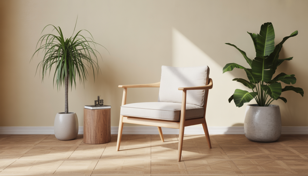 Chaise scandinave élégante sur un parquet en chêne avec lumière douce.