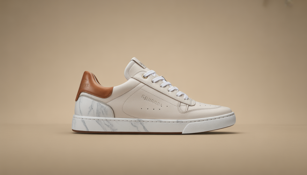 Sneaker blanc avec marbre blanc veiné, éclairage latéral