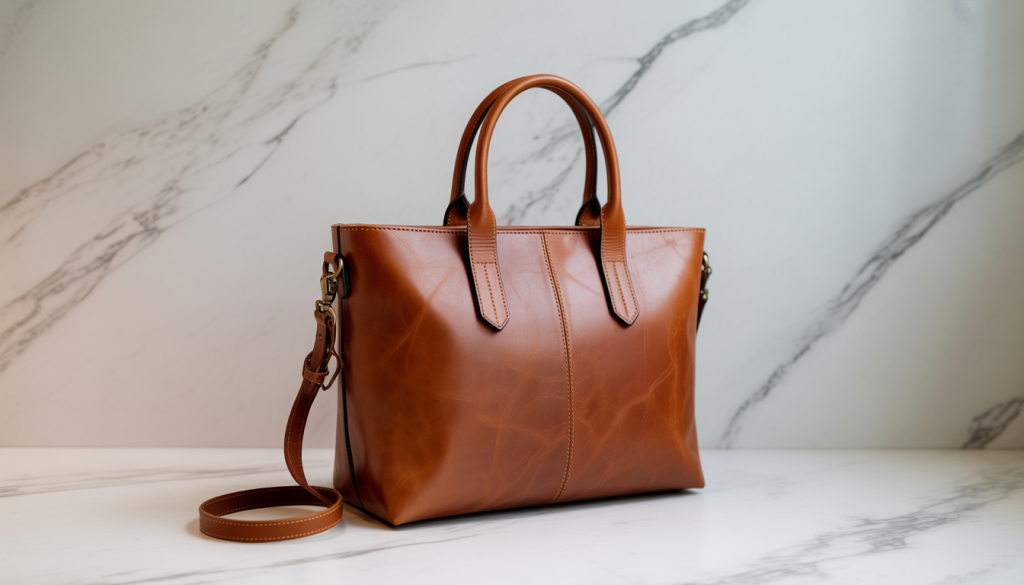 Sac à main en cuir marron avec fond marbre blanc veiné