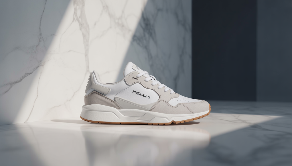 Sneaker blanche avec un fond de marbre blanc veiné