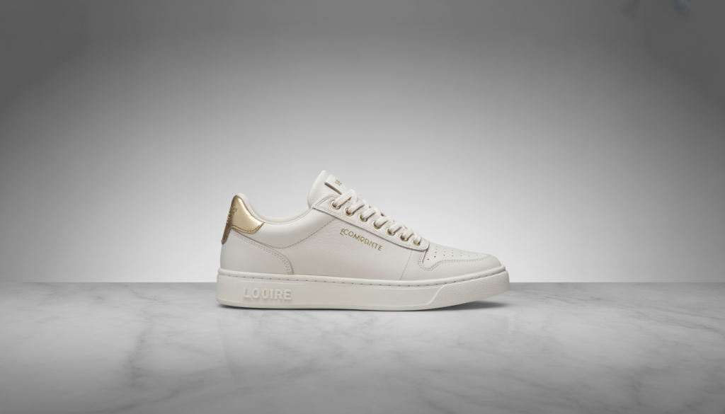 Sneaker blanche posée sur un marbre blanc veiné, éclairage latéral