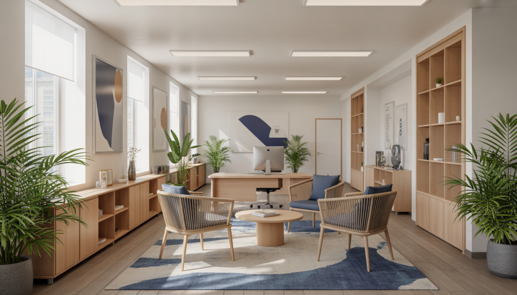 Bureau moderne avec des meubles en bois, plantes et lumière naturelle