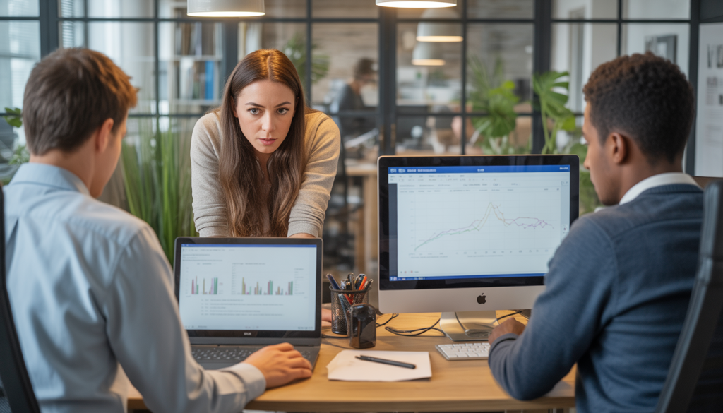 Vue de dos sur un espace de travail moderne avec des graphiques sur écran