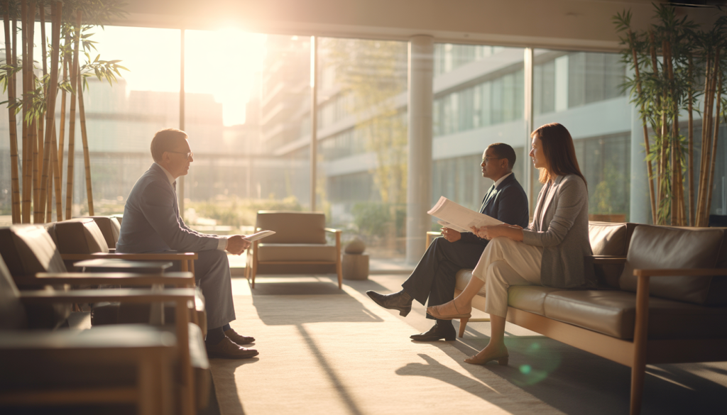 Espace d'attente vide avec sièges confortables et lumière naturelle