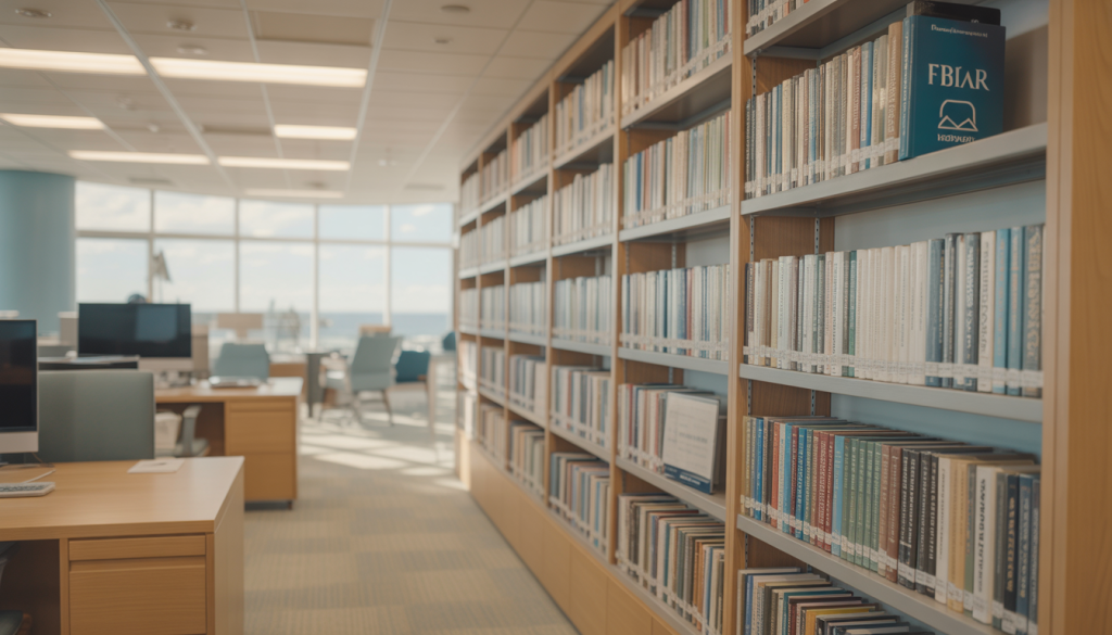 Bureau vide dans une bibliothèque financière avec étagères