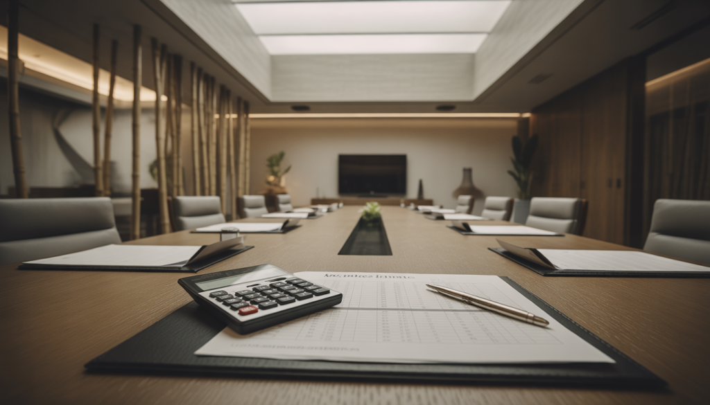 Salle de réunion vide avec une ambiance zen et un éclairage doux.