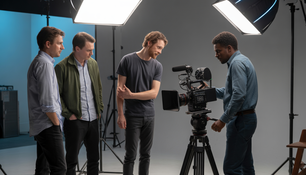 Professional film crew working in modern studio setup