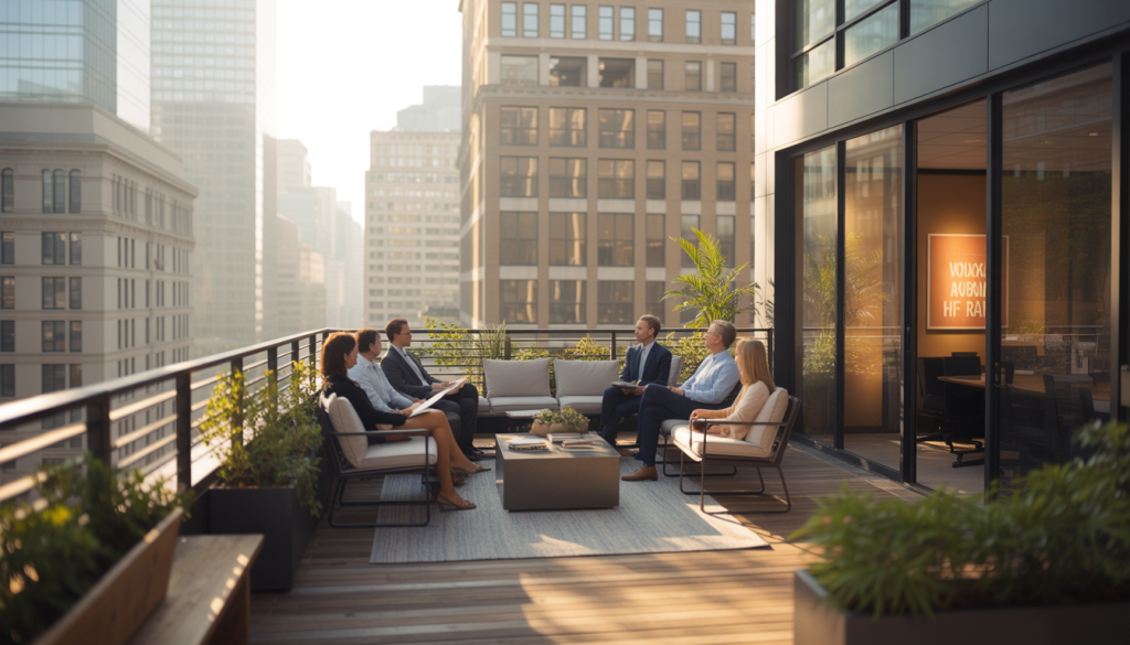 Terrasse de bureau vide avec sièges extérieurs et plantes
