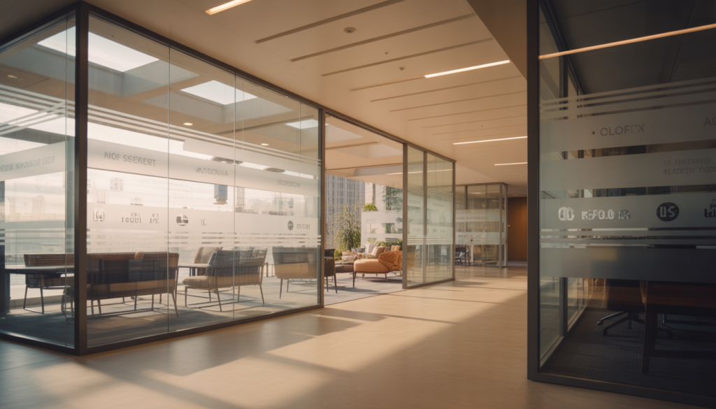 Un espace d'attente vide avec un mobilier confortable dans un bureau moderne et lumineux.